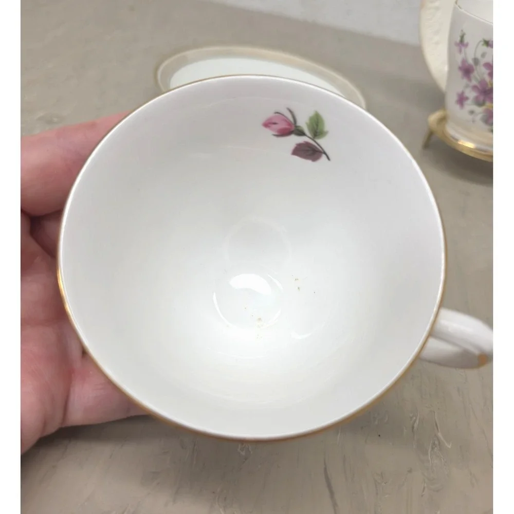 Mismatch Vtg Tea Set for 2 English Bone China Violets Roses Floral Cottagecore